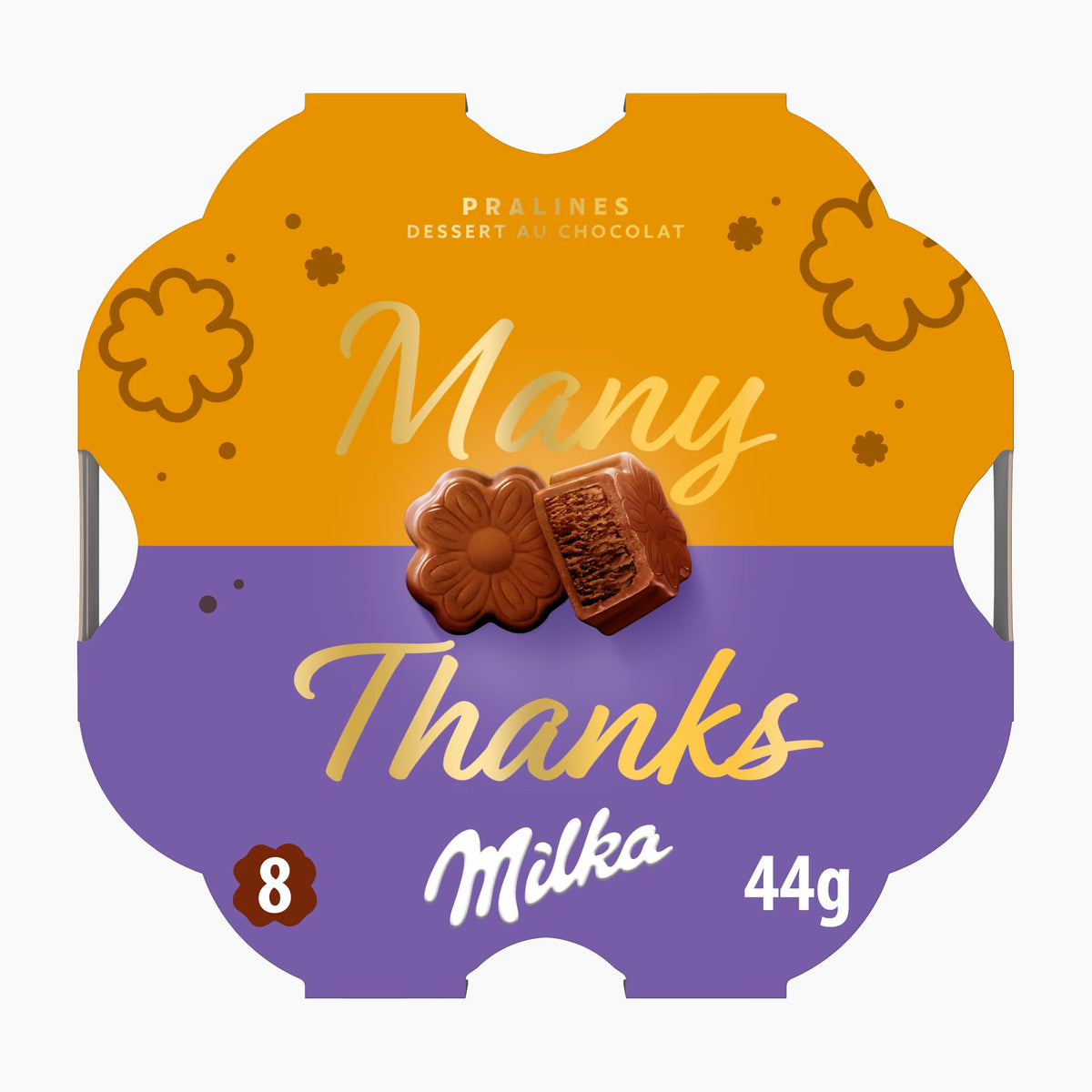 A pack of 8 Milka Many Thanks chocolate pralines in a decorative scalloped wrapper. The wrapper is split horizontally into a golden-yellow top half and a purple bottom half, with the words 'Many Thanks' in gold script.