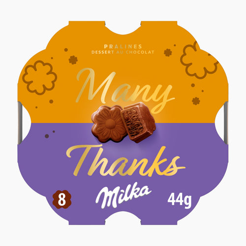 A pack of 8 Milka Many Thanks chocolate pralines in a decorative scalloped wrapper. The wrapper is split horizontally into a golden-yellow top half and a purple bottom half, with the words 'Many Thanks' in gold script.
