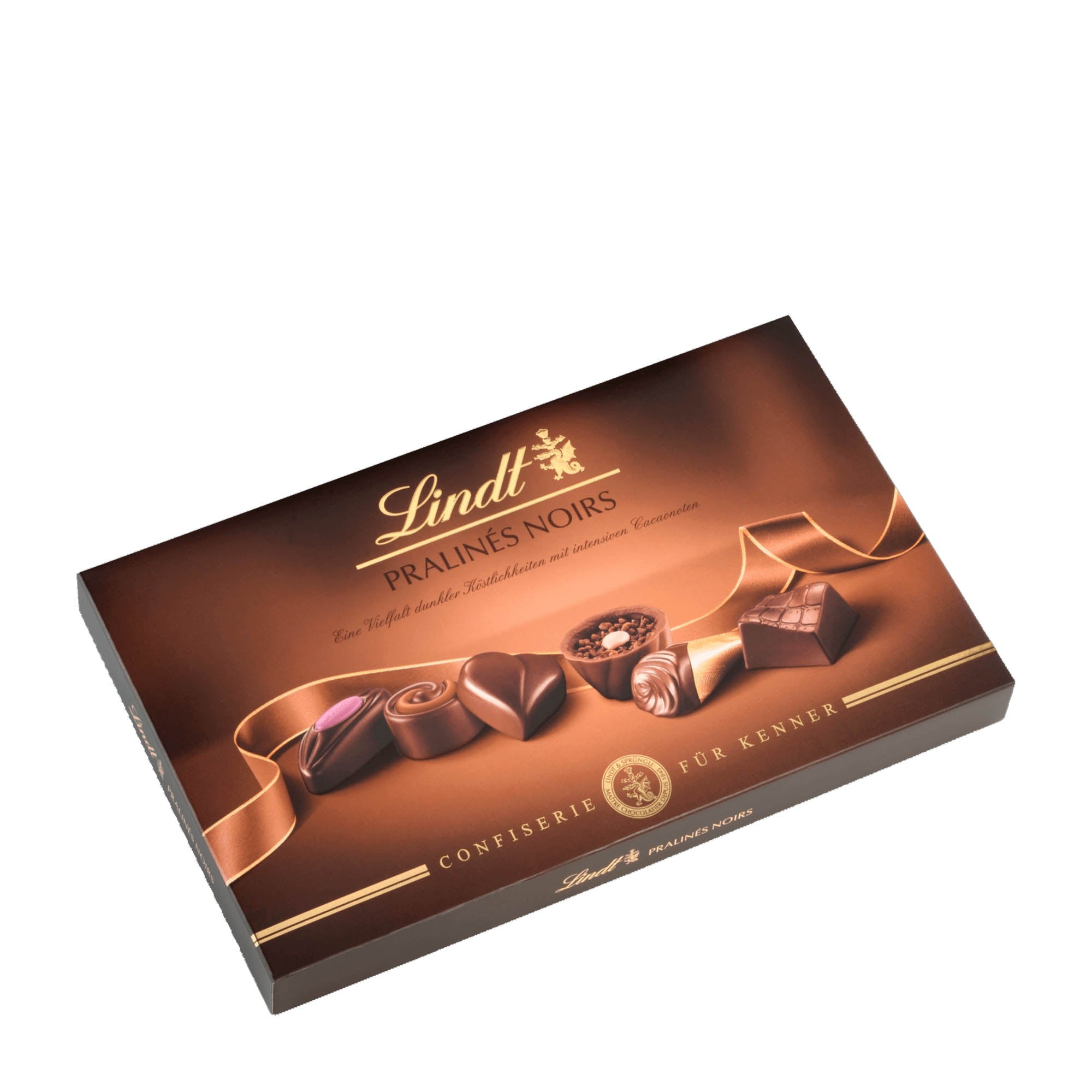 A box of Lindt Noirs Dark Chocolate Pralines, 200 g, showing an assortment of dark chocolate pieces with different fillings, such as truffle and orange biscuit, and the brand's logo.
