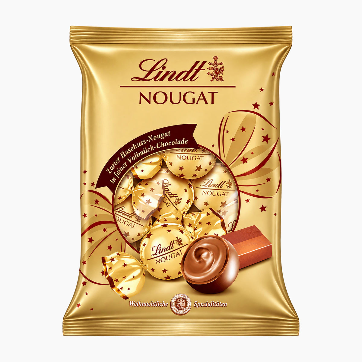 A gold bag of Lindt Nougat chocolate pralines, featuring the Lindt logo, illustrations of wrapped chocolates, and a single chocolate piece on a plain white background.