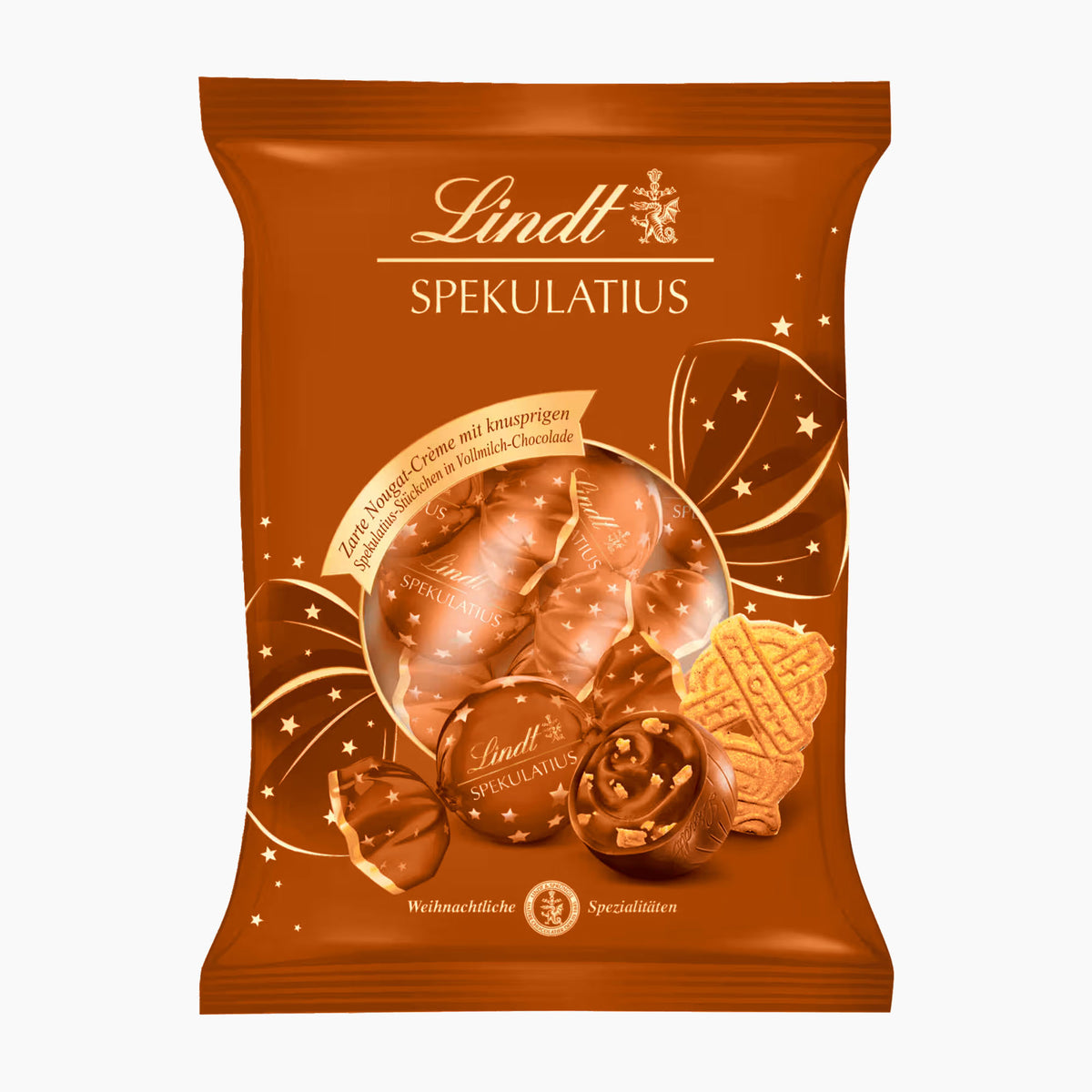 A package of Lindt Spekulatius Speculoos pralines on a plain white background. The packaging is a rich brown with gold accents, featuring illustrations of chocolate pralines and a biscuit.