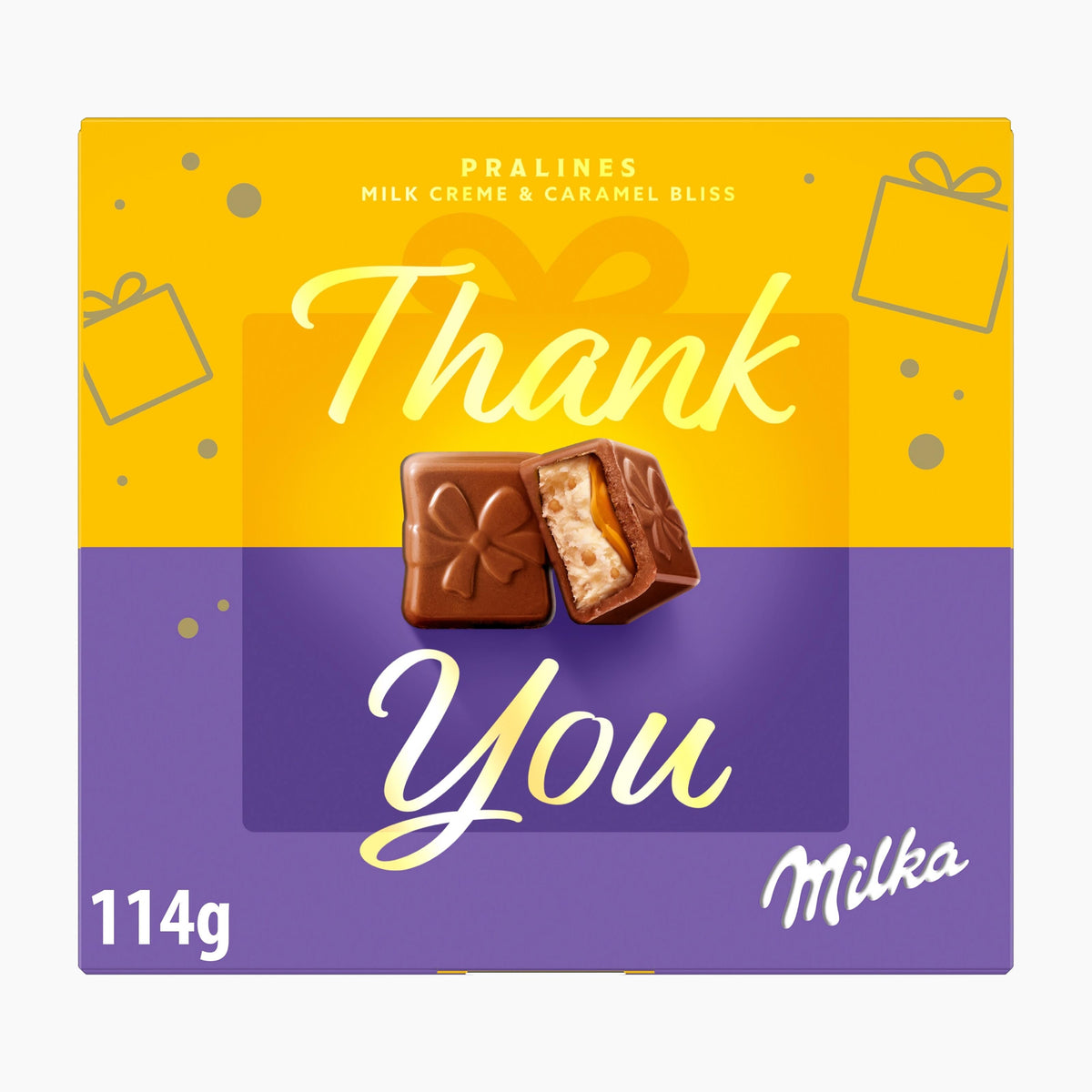 A square chocolate box design for Pralines Milk Crème & Caramel Bliss, with a yellow upper half reading 'Thank' and a purple lower half reading 'You', plus the Milka brand name and 114g text. Two chocolate pralines are shown in the center.