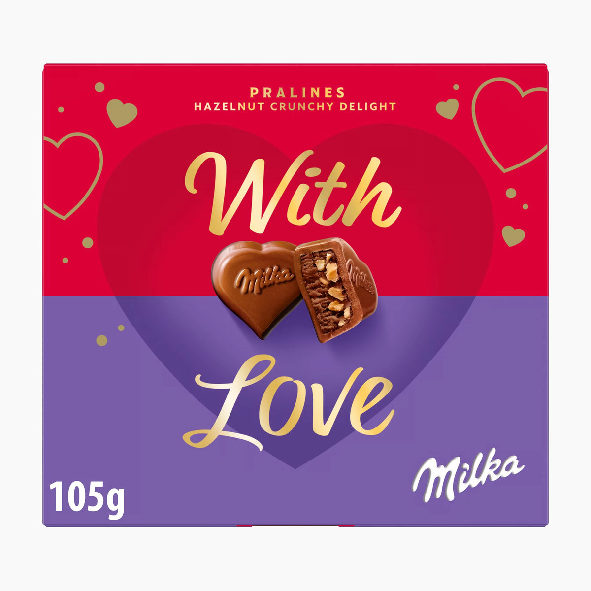 A 105g box of Milka 'With Love' hazelnut crunchy delight pralines, featuring a red and purple heart design with gold lettering and two heart-shaped chocolate pralines in the center.