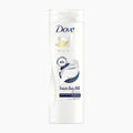 A white bottle of Dove Body Love Prebiotic Body Milk against a light gray background.
