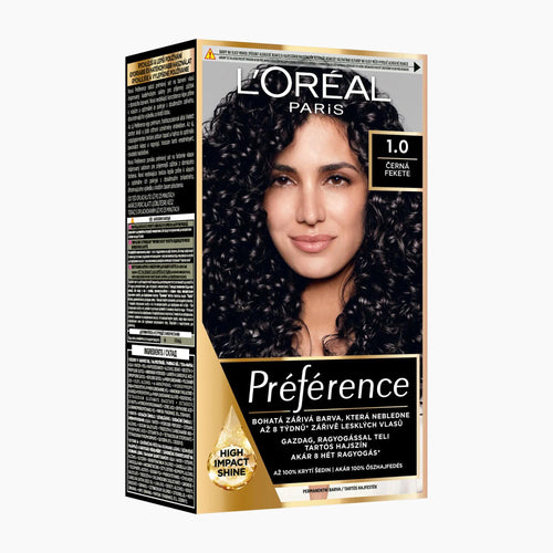 L'Oréal Paris Préférence permanent hair dye box in shade 1.0 Black, featuring a model with long, glossy black hair on the front of the packaging.