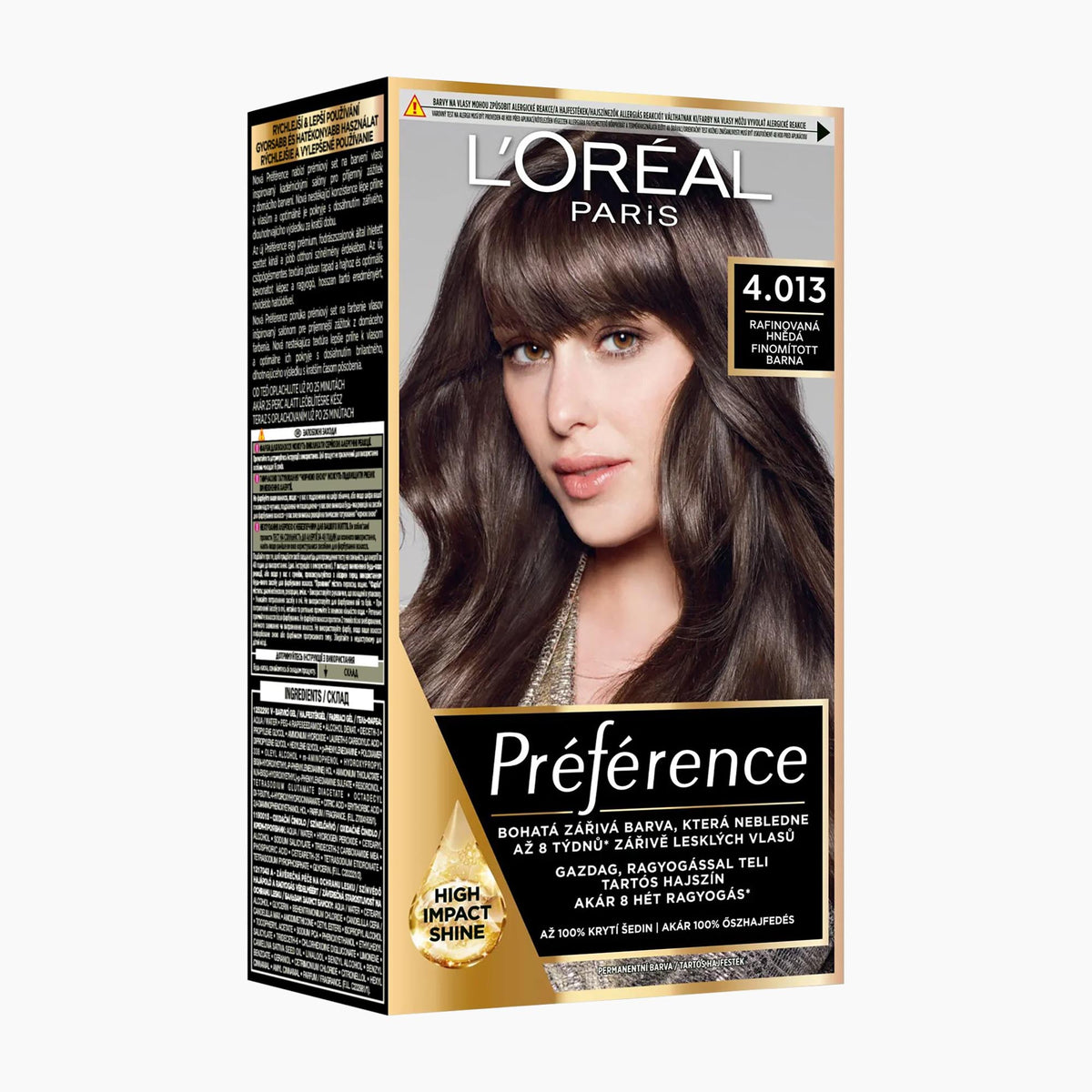 L'Oréal Paris Préférence permanent hair dye box in shade 4.013 Refined Brown, featuring a model with medium brown hair on the front packaging, set against a plain white background.
