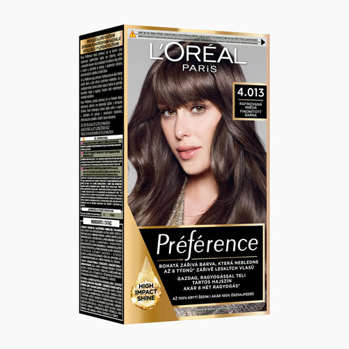 L'Oréal Paris Préférence permanent hair dye box in shade 4.013 Refined Brown, featuring a model with medium brown hair on the front packaging, set against a plain white background.