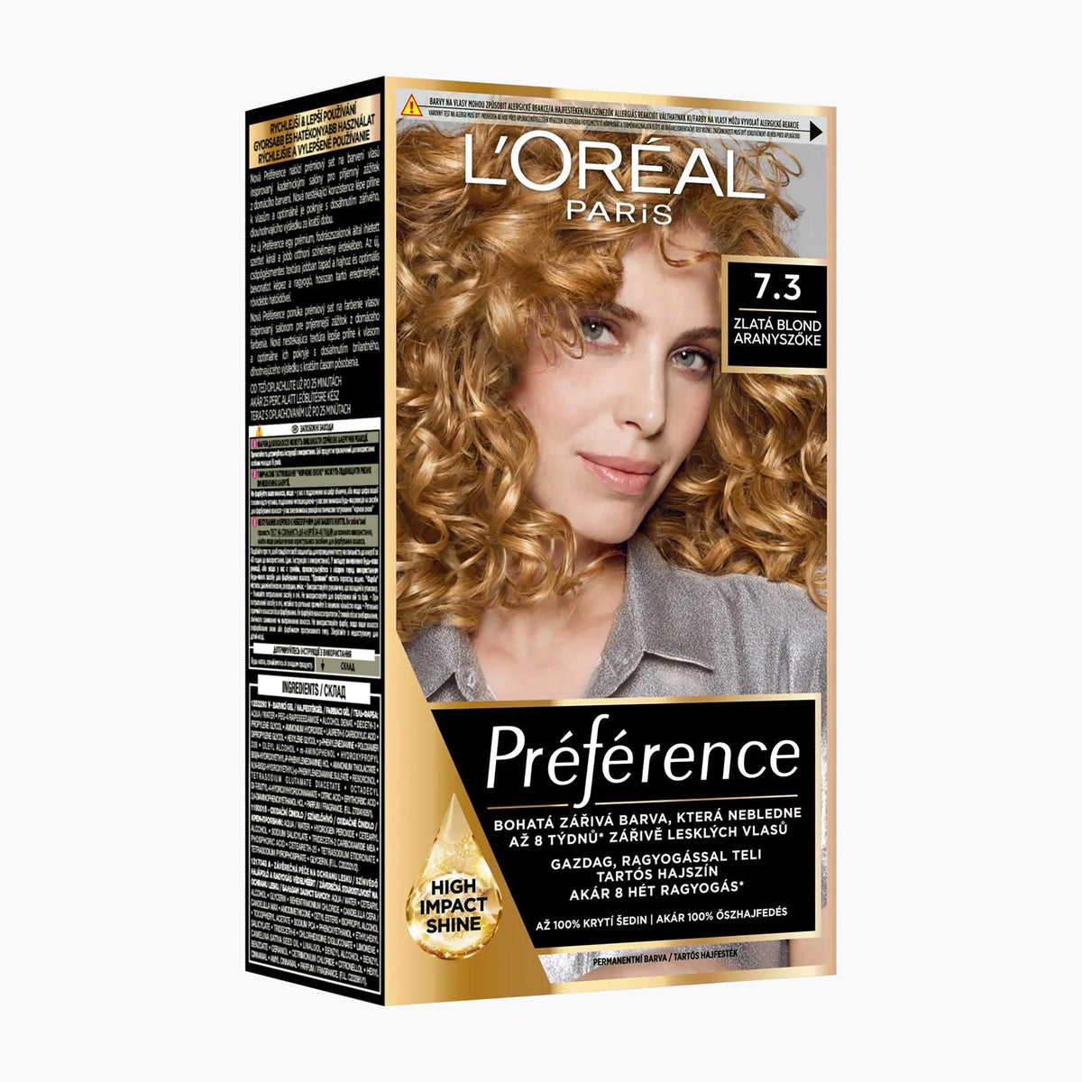 L'Oréal Paris Préférence hair dye box in shade 7.3 Golden Blonde, featuring a model with curly golden-blonde hair on the front.