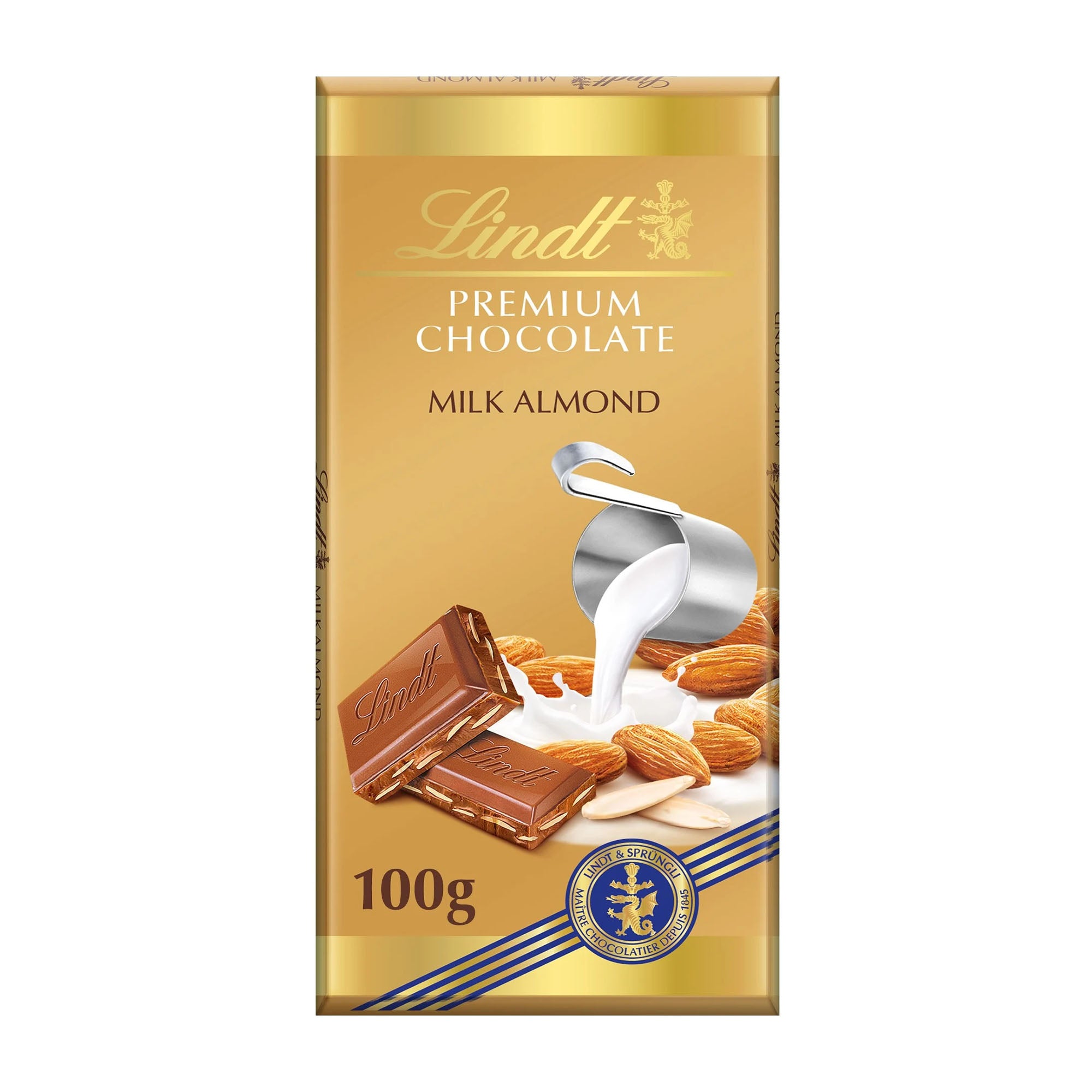 Lindt Premium Chocolate Milk Almond bar gold packaging on a white background