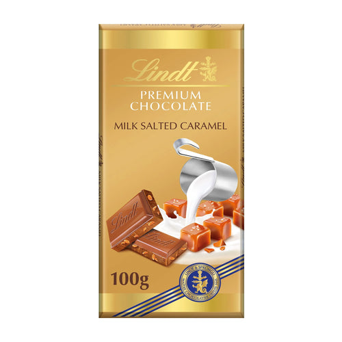 Lindt Premium Chocolate Milk Salted Caramel gold packaging on a white background