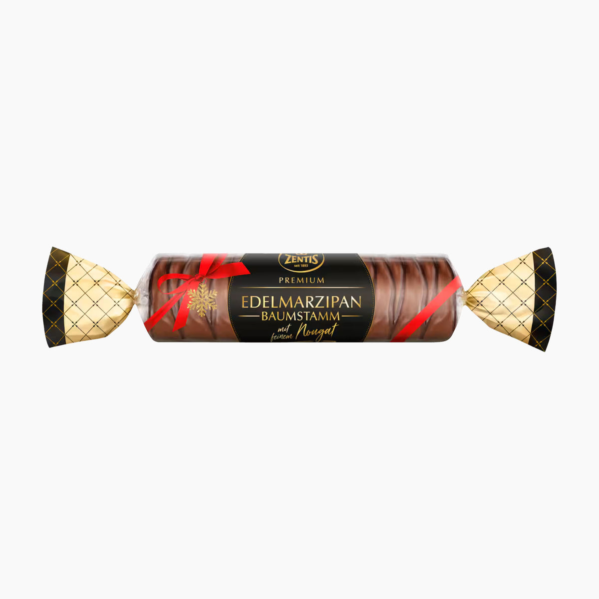 Zentis Premium Edelmarzipan Baumstamm Marzipan Log packaging on a light gray background.