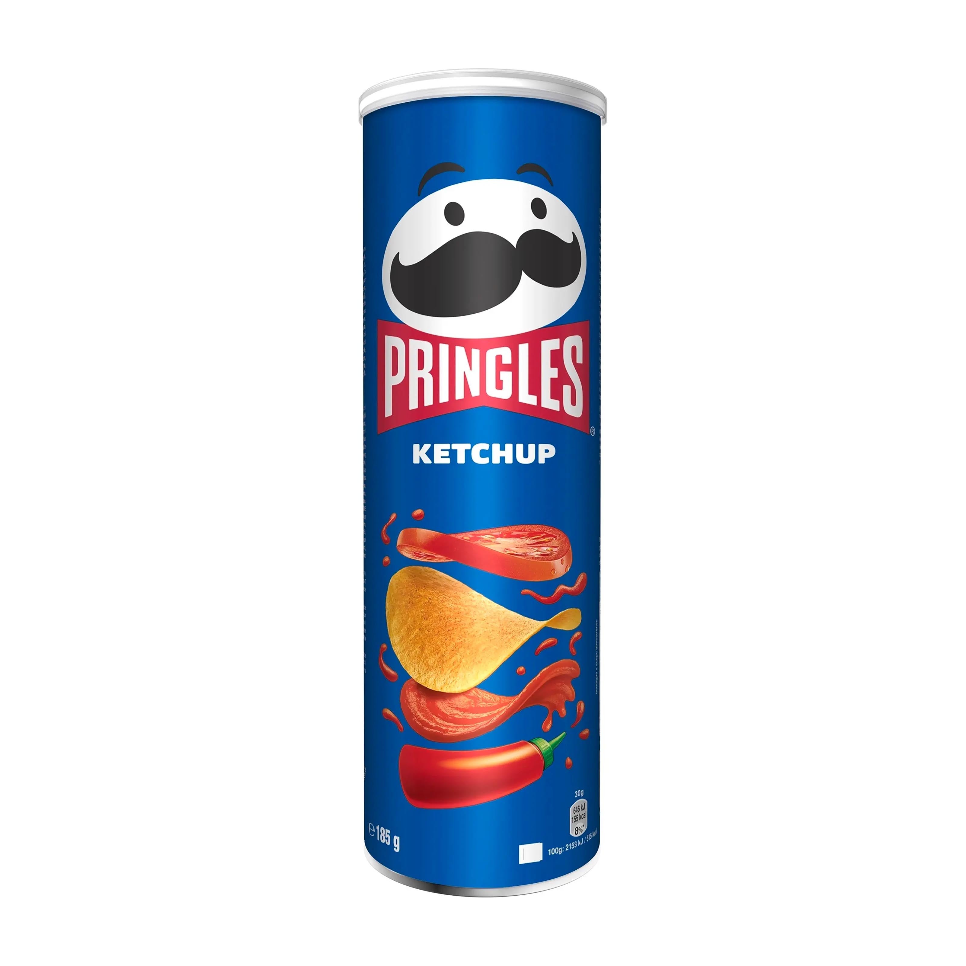 Pringles Ketchup potato crisps can on a white background