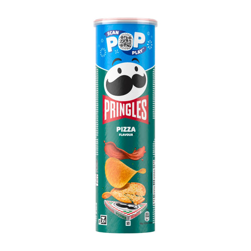 Pringles Pizza flavor potato crisps can on a white background