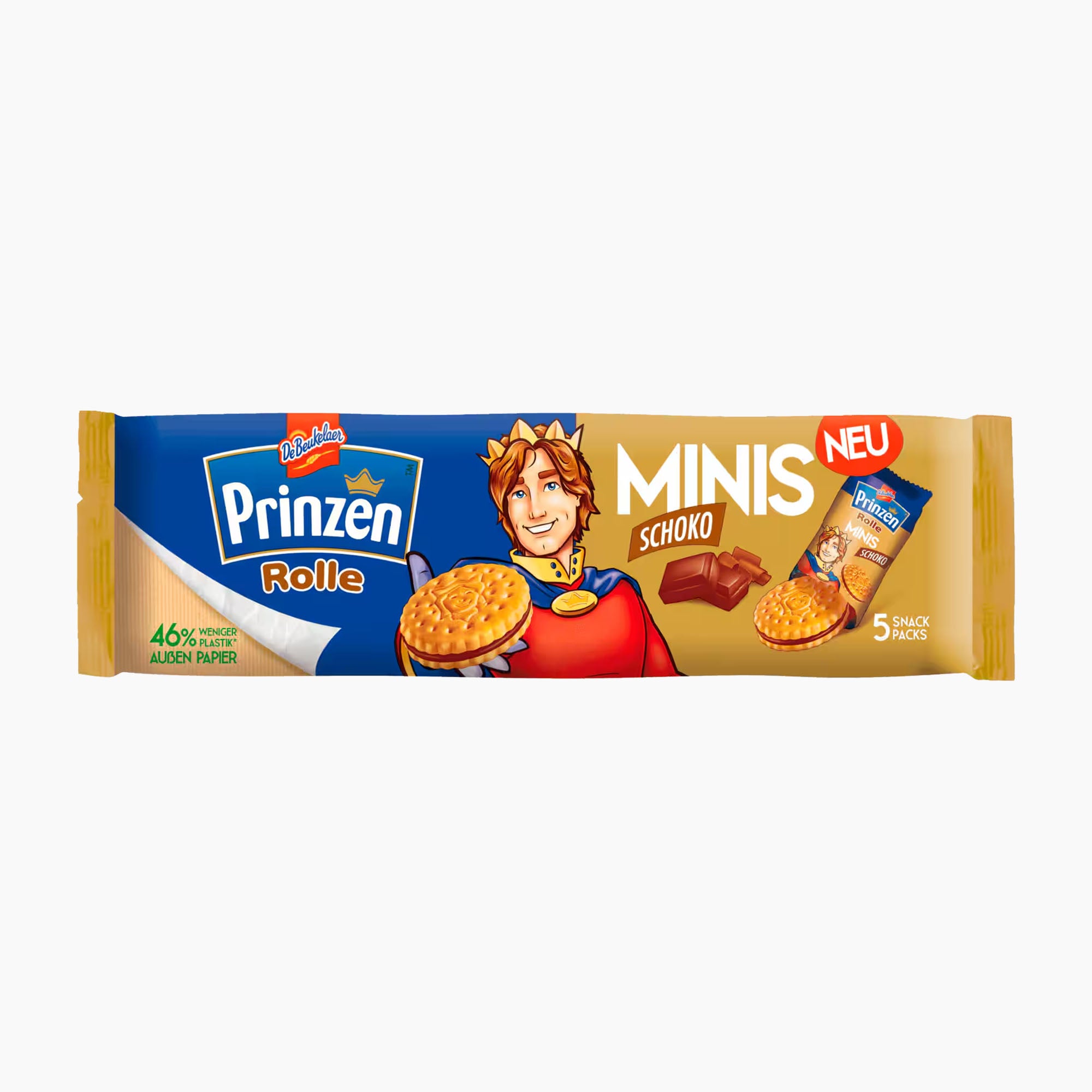 A package of Prinzen Rolle Minis Choco sandwich cookies, featuring a blue and gold wrapper with an illustration of the Prinzen Rolle character and a small pack of mini cookies shown on the right.