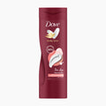 A bottle of Dove Body Love Pro-Age Niacinamide Body Lotion in a deep burgundy red color, featuring illustrations of a dove and a peach-colored pad on a clean white background.