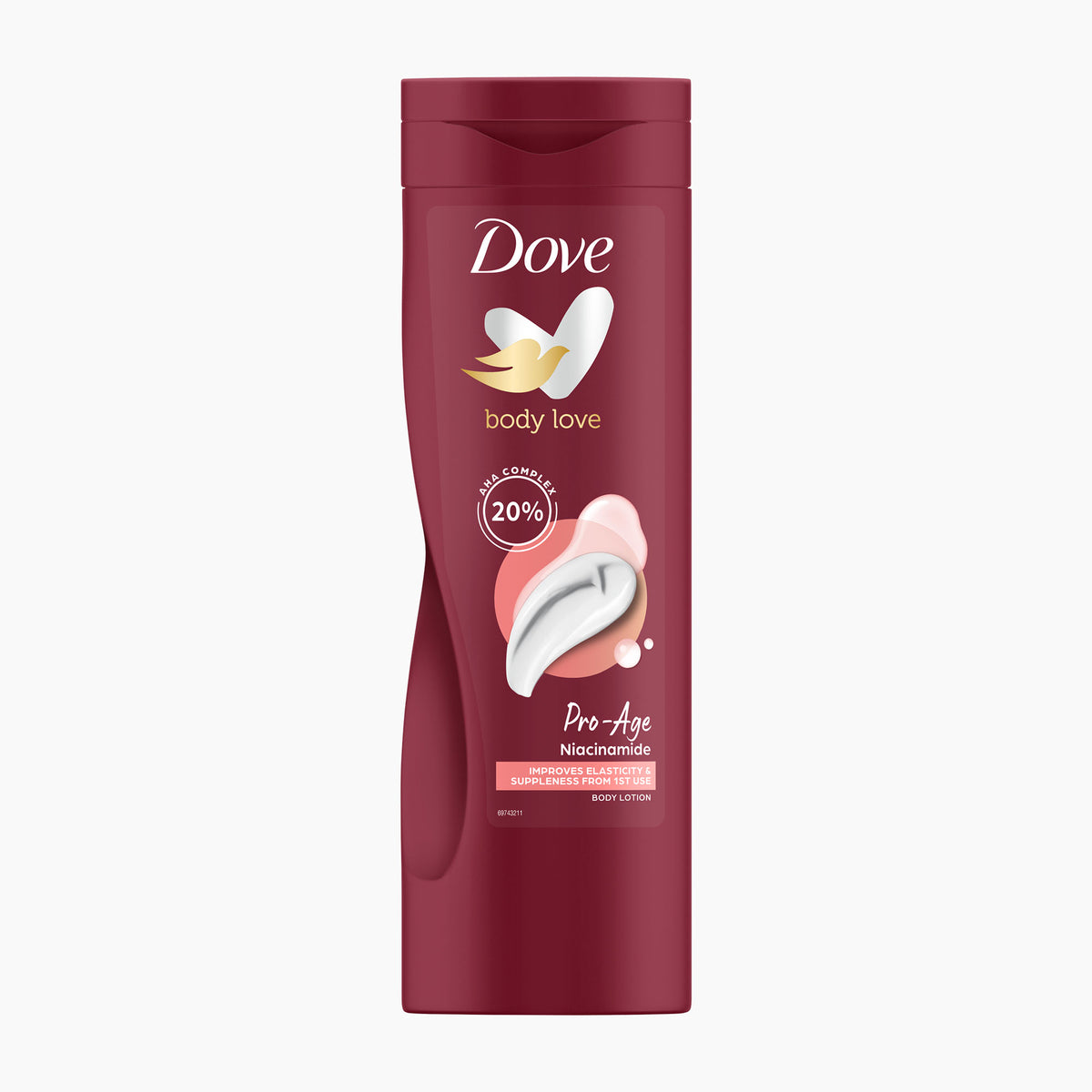 A bottle of Dove Body Love Pro-Age Niacinamide Body Lotion in a deep burgundy red color, featuring illustrations of a dove and a peach-colored pad on a clean white background.