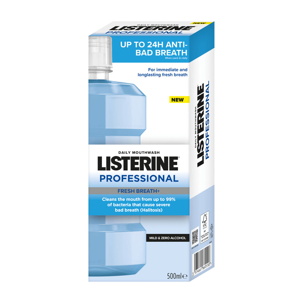 Listerine Professional Fresh Breath+ mouthwash packaging on a white background