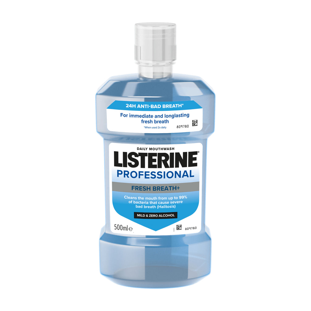 Bottle of Listerine Professional Fresh Breath+ mouthwash on a white background