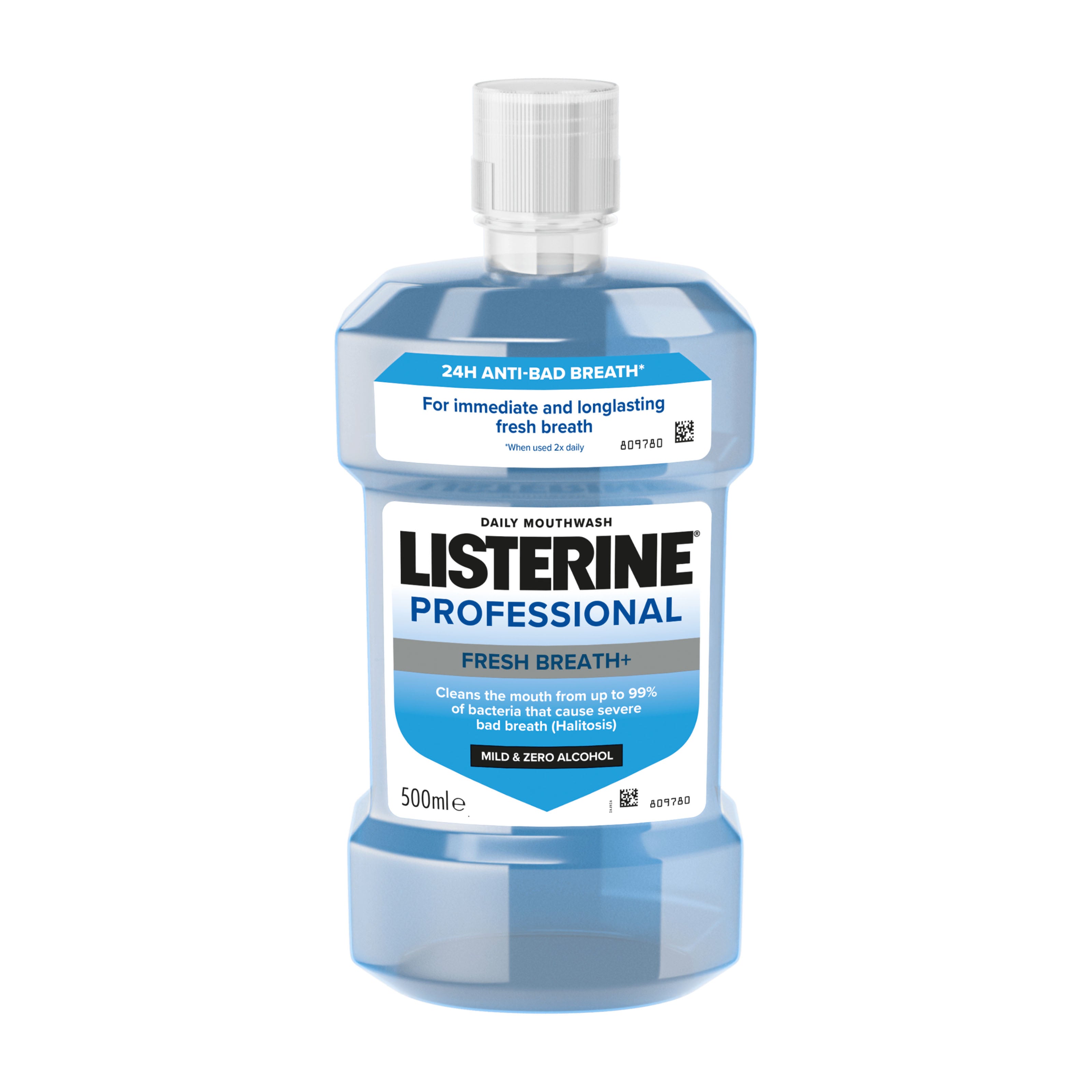 Bottle of Listerine Professional Fresh Breath+ mouthwash on a white background