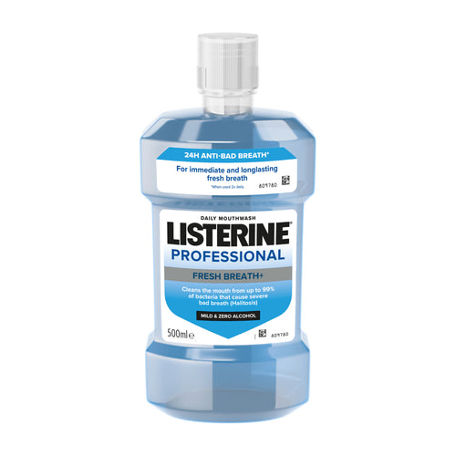 Bottle of Listerine Professional Fresh Breath+ mouthwash on a white background