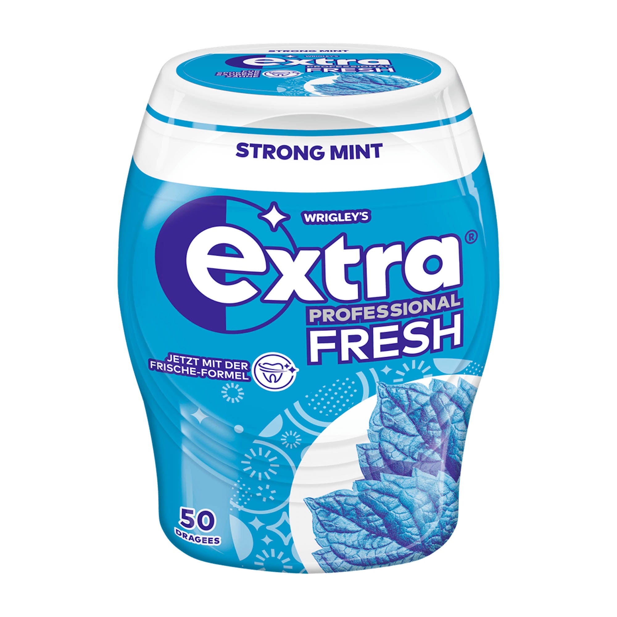 A container of Wrigley's Extra Professional Fresh Strong Mint chewing gum with 50 count indicated.