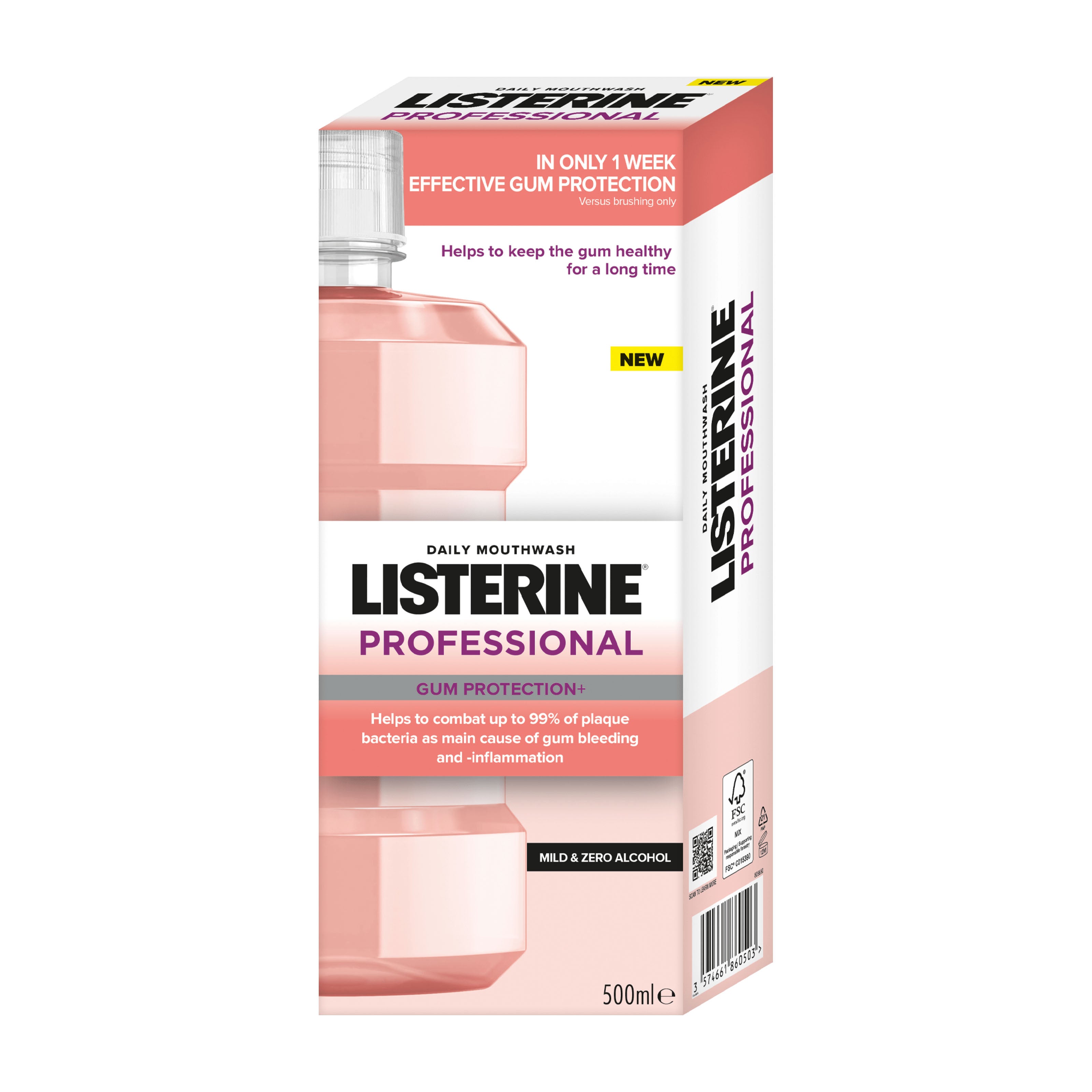 Listerine Professional Gum Protection+ mouthwash packaging on a white background
