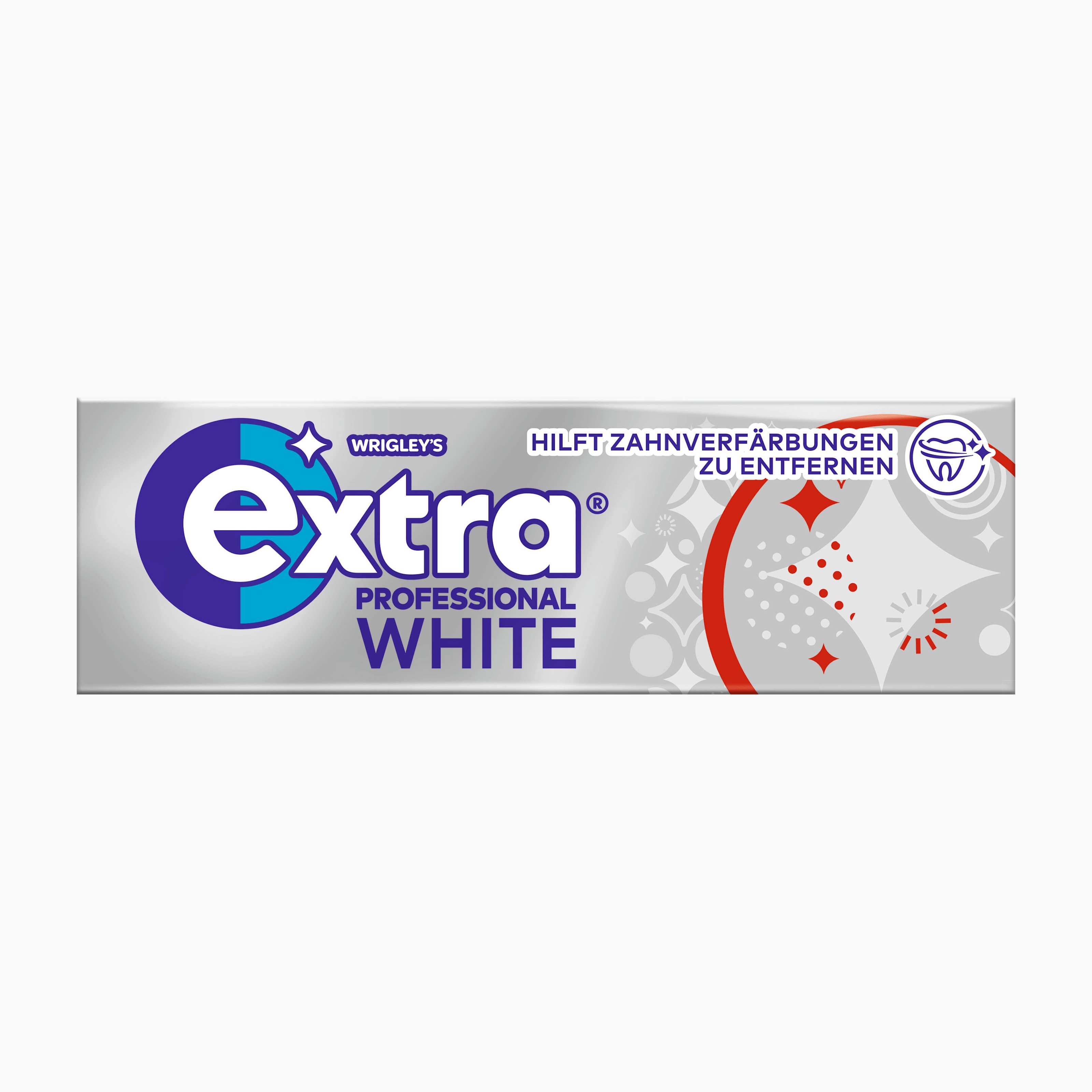 Wrigley's Extra Professional White chewing gum on a light gray background. The packaging is primarily silver and white with a prominent blue and purple 'Extra' logo and red decorative accents.