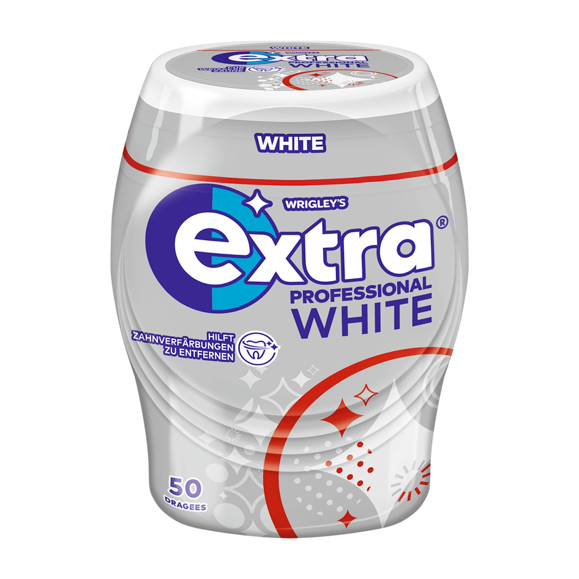A container of Wrigley's Extra Professional White chewing gum with 50 count indicated on the front.