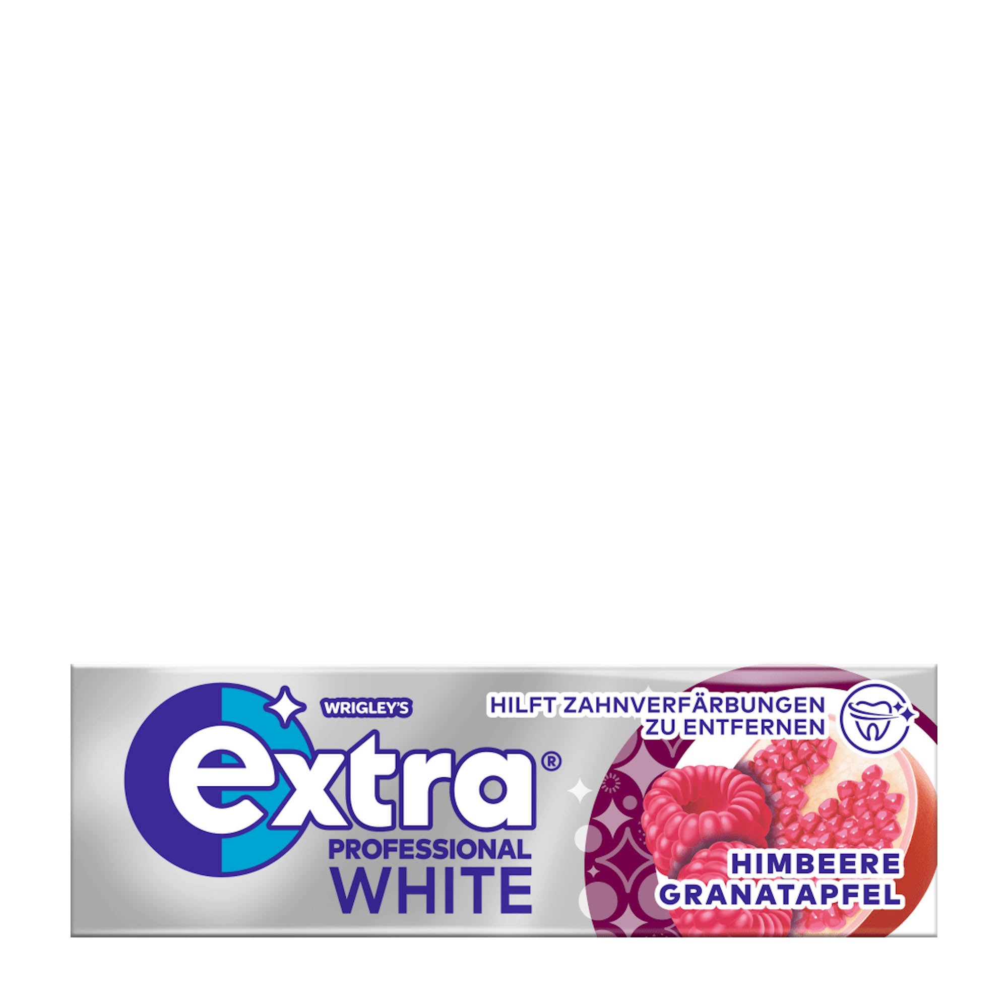 Packaging of Wrigley's Extra Professional White Raspberry & Pomegranate Chewing Gum, showing the brand logo, product name, and images of raspberries and pomegranate seeds.