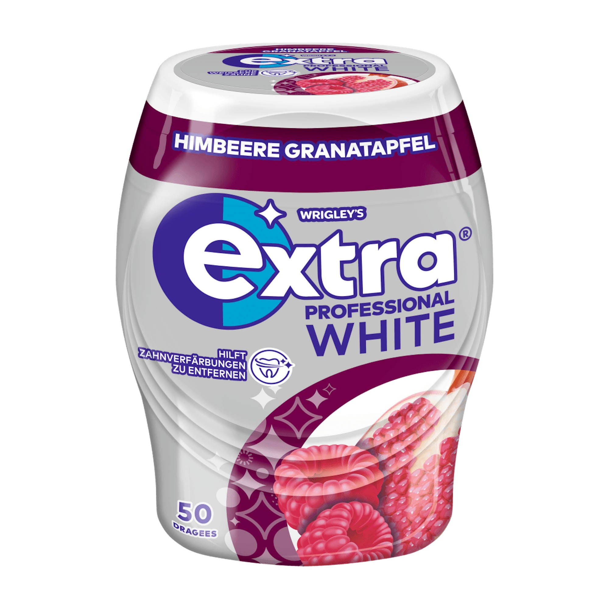 A container of Extra Professional White Raspberry & Pomegranate chewing gum, 50 count.