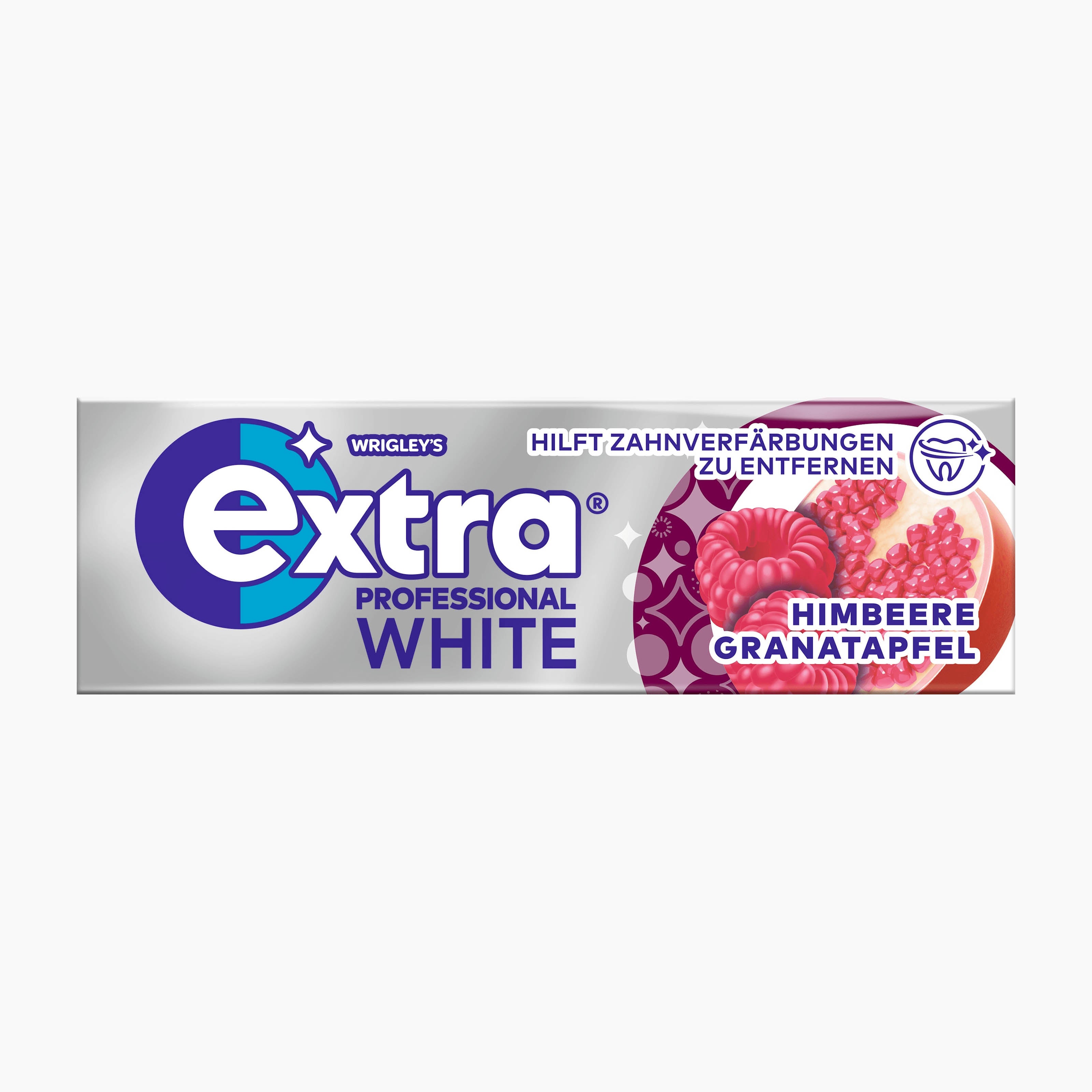 Wrigley's Extra Professional White chewing gum, flavor raspberry pomegranate, featuring a silver and purple design with illustrations of raspberries and pomegranate seeds.