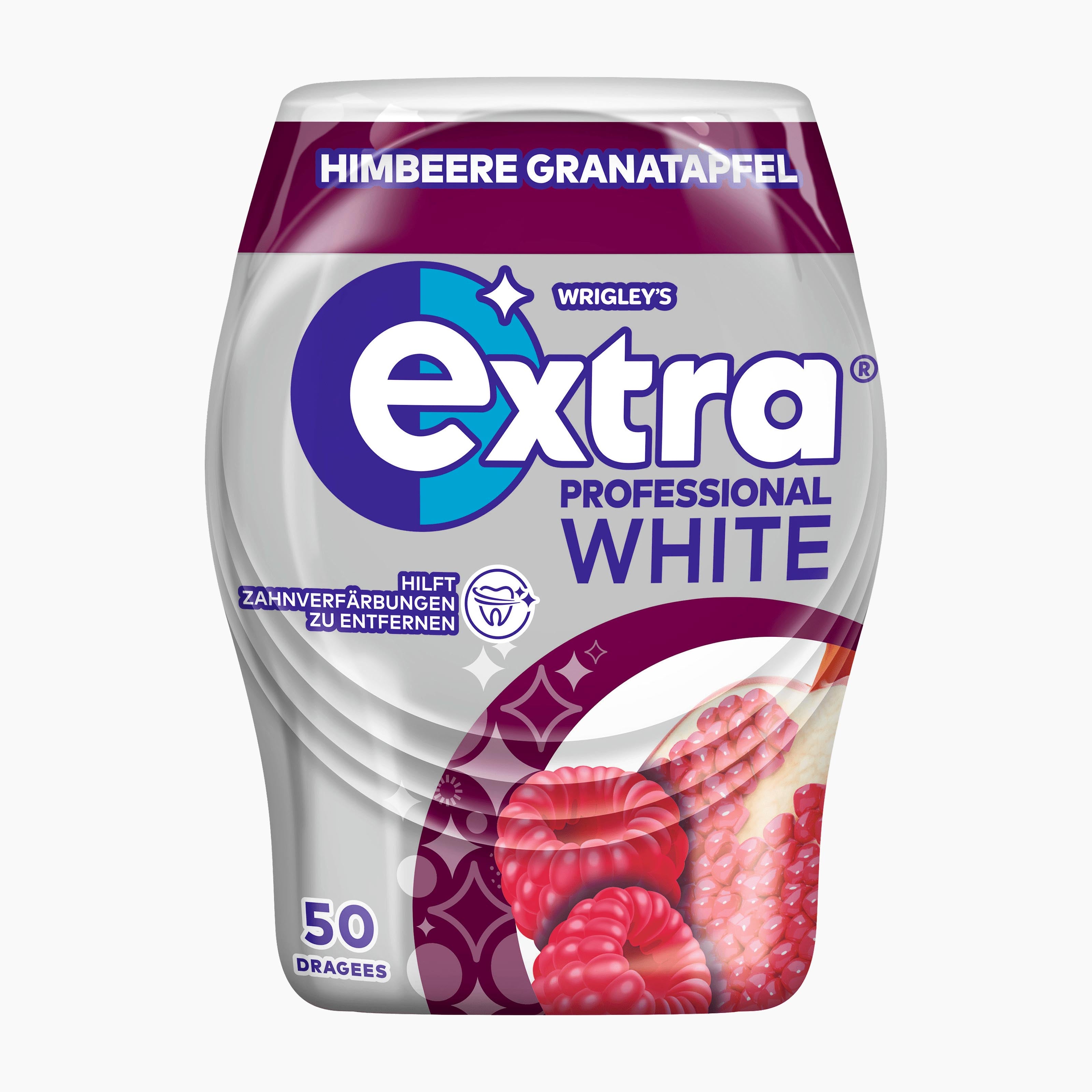 A single pack of Wrigley's Extra Professional White chewing gum, raspberry and grapefruit flavor, on a clean white background.