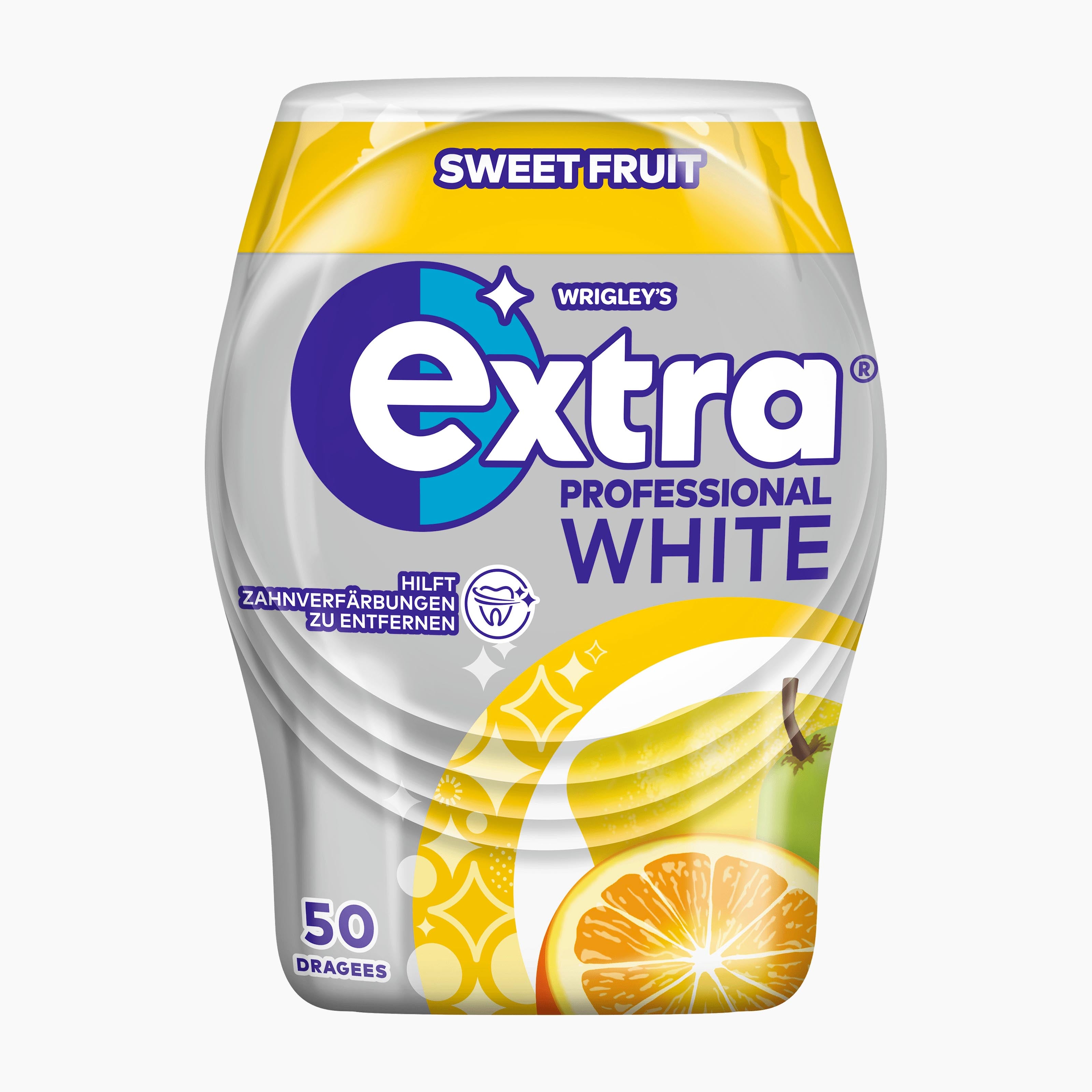 A single pack of Wrigley's Extra Professional White chewing gum in Sweet Fruit flavor, featuring a white and yellow container with a blue and purple logo, set against a plain white background.