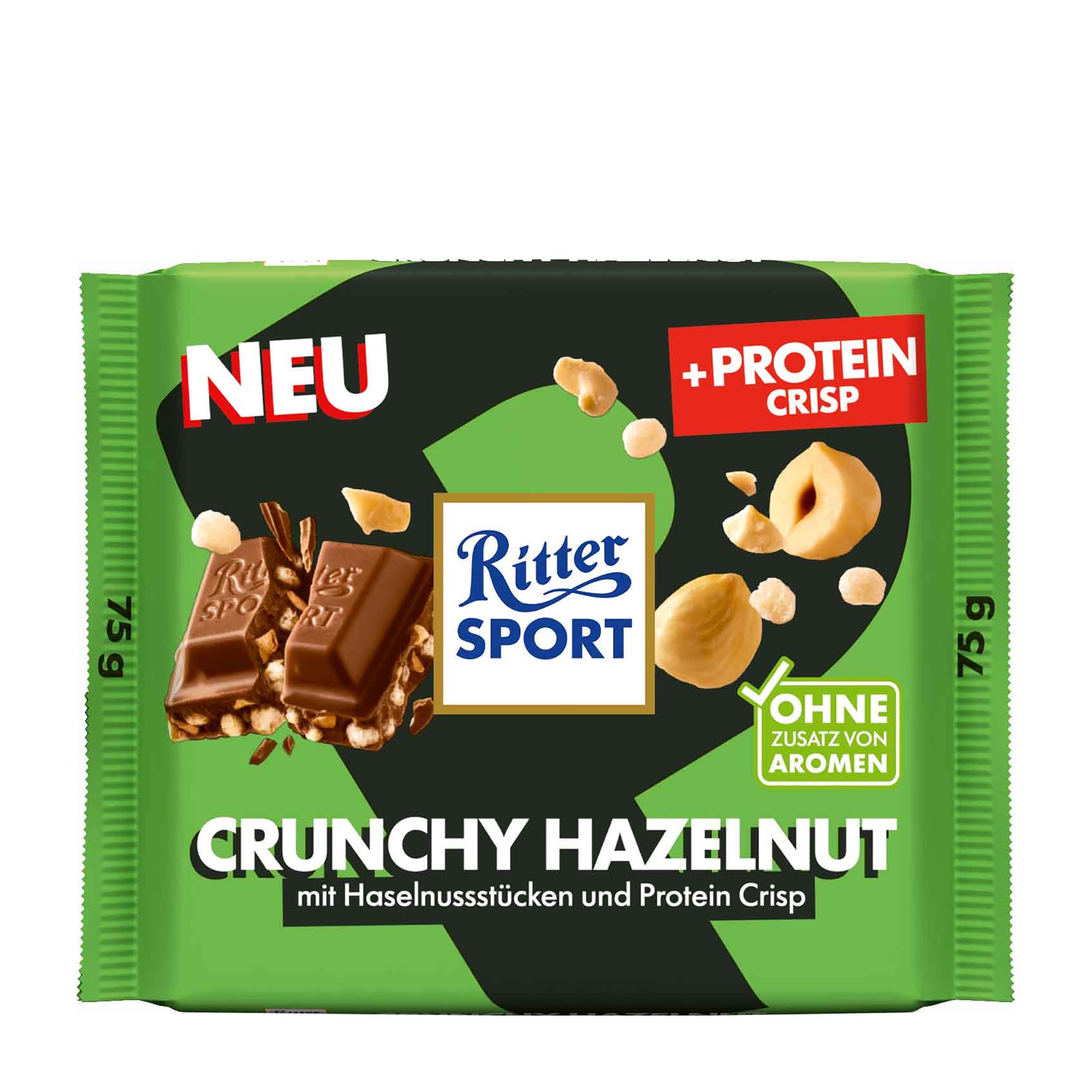 Ritter Sport Protein Crisp Crunchy Hazelnut packaging on a white background.