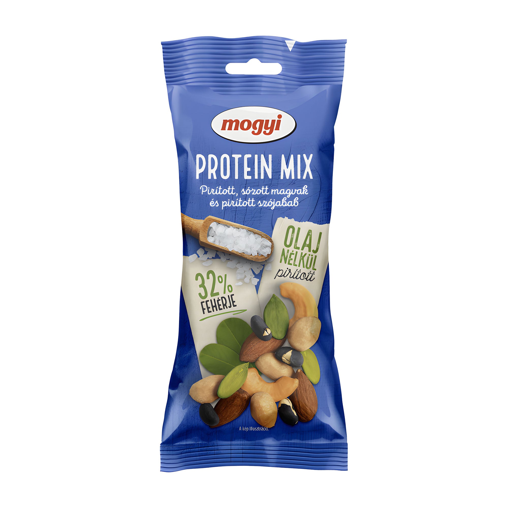 Blue package of mogyi Protein Mix on a white background