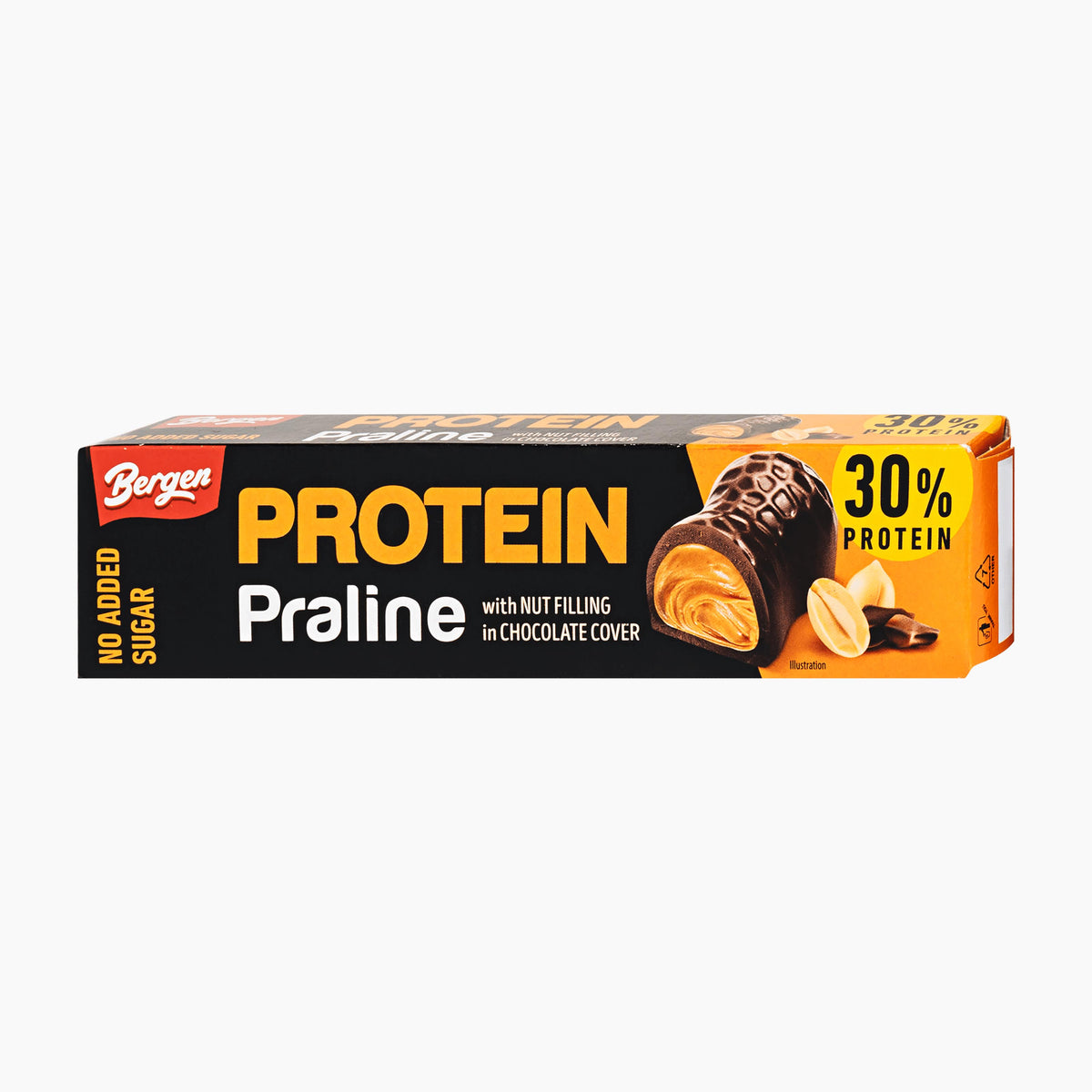 A box of Bergen Protein Praline with nut filling in chocolate cover, featuring a black and orange design with a photo of the praline on the front.