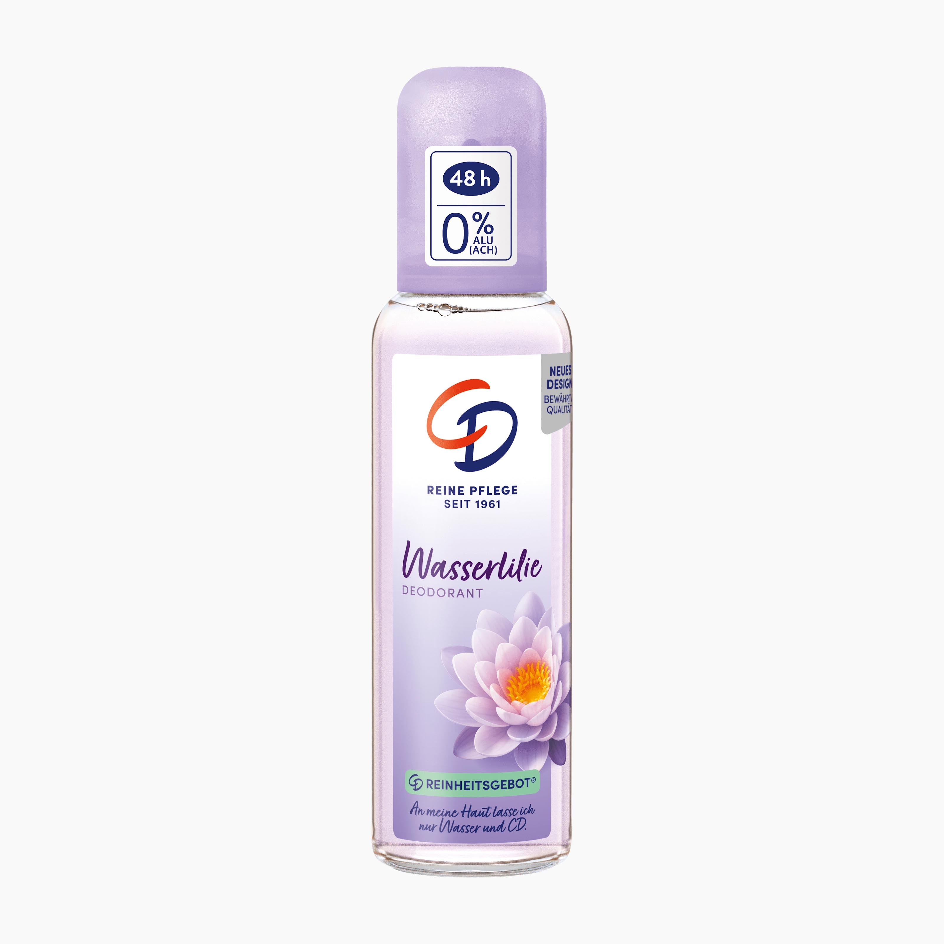 A bottle of CD Water Lily Deo Pump Spray with a lavender cap and a white label featuring a purple water lily flower, set against a plain white background.