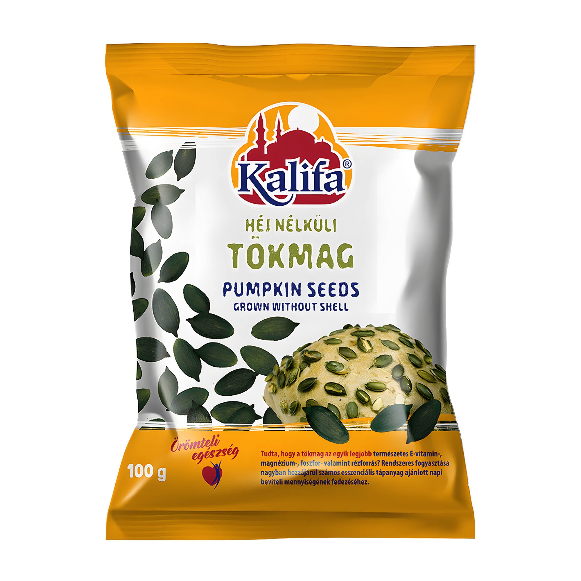 Packaging of Kalifa pumpkin seeds on white background
