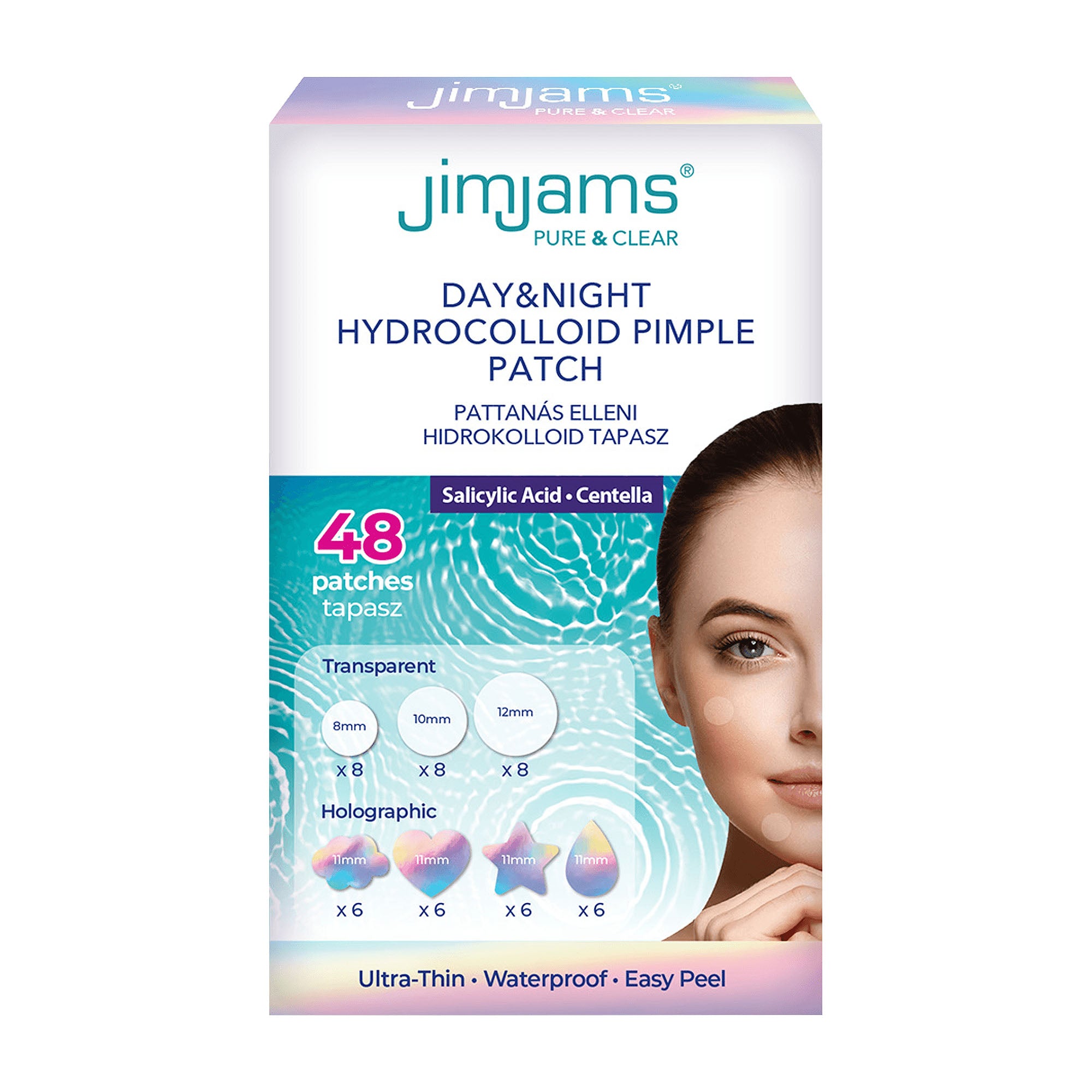 Box of Jimjams Day & Night Hydrocolloid Pimple Patch with a woman's face on a white background