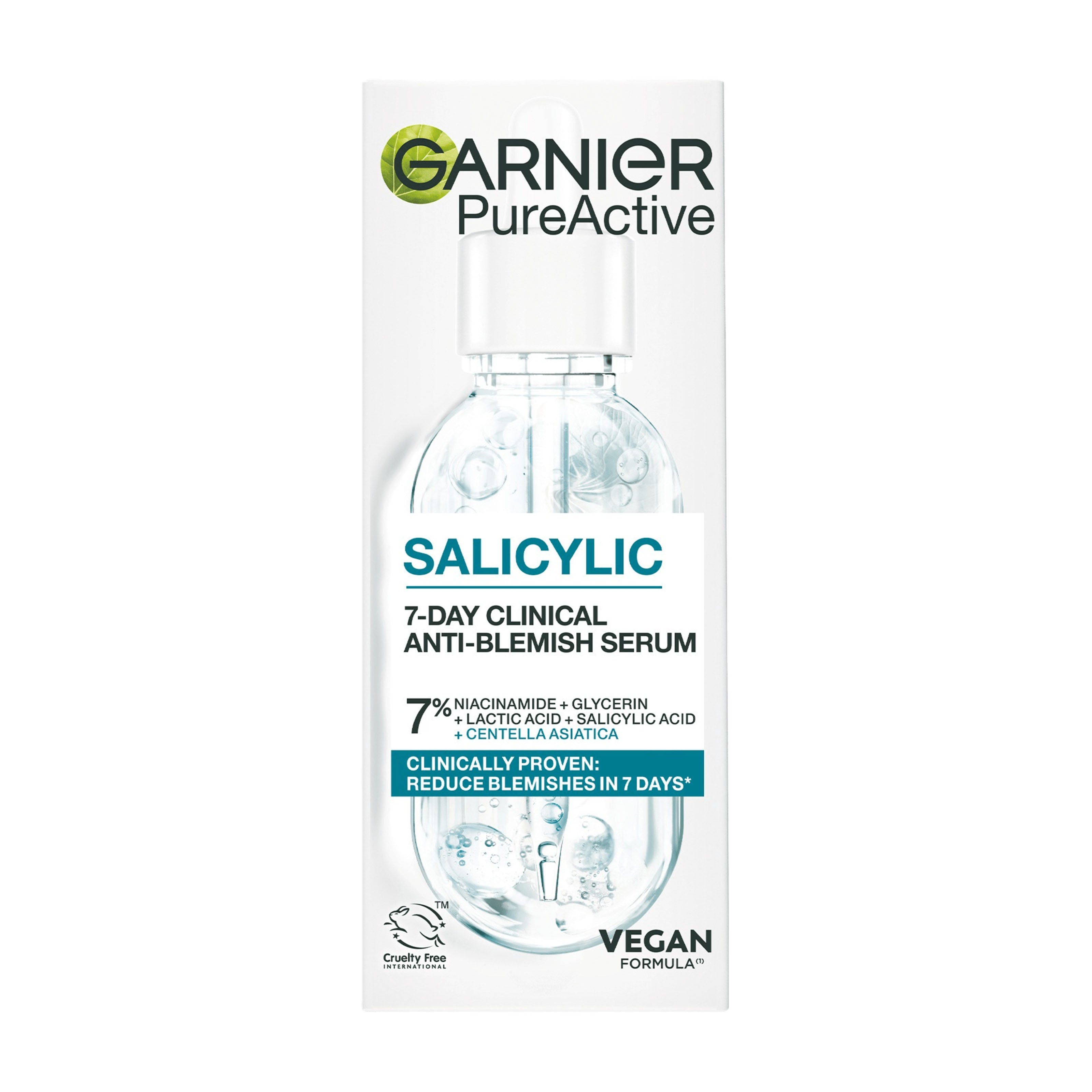 Garnier PureActive Salicylic 7-Day Clinical Anti-Blemish Serum packaging on a white background