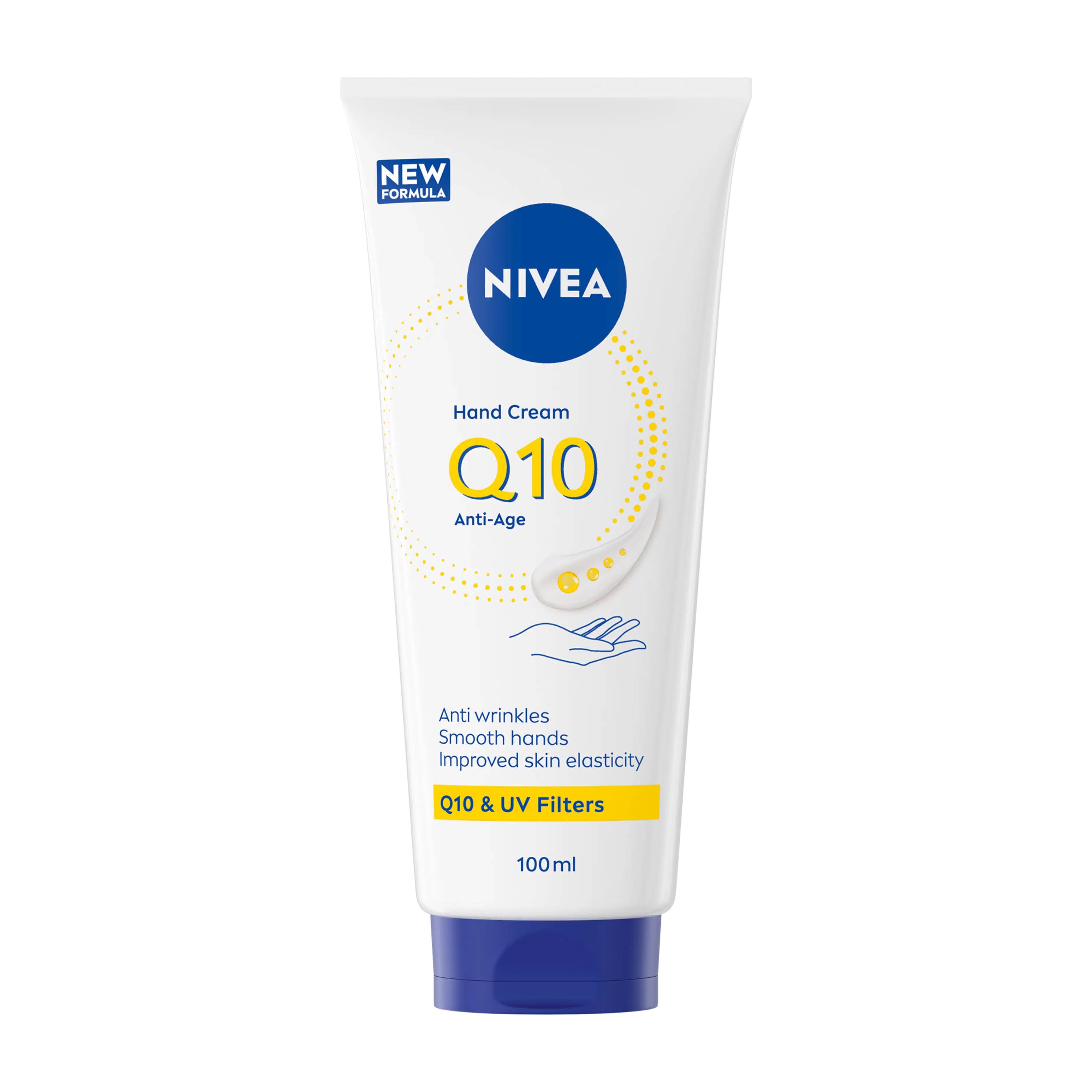Nivea Q10 Anti-Age Hand Cream tube on a white background.