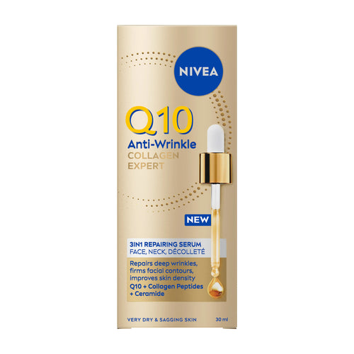 Gold box of Nivea Q10 Anti-Wrinkle Collagen Expert 3in1 Repairing Serum on a white background.