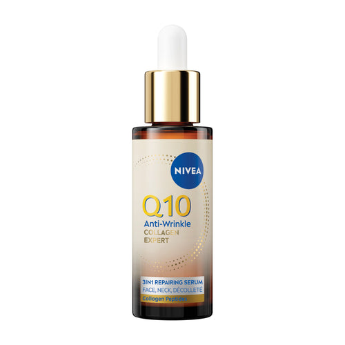 Glass bottle of Nivea Q10 Anti-Wrinkle Collagen Expert 3in1 Repairing Serum on a white background.