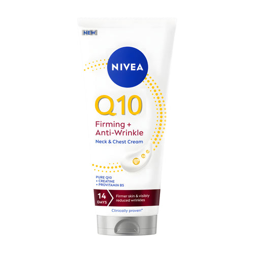 Nivea Q10 Firming + Anti-Wrinkle Neck & Chest Cream on a white background