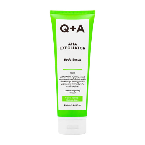 Q+A AHA Exfoliator body scrub tube on a white background