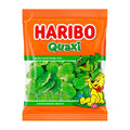 Packaging of Haribo Quaxi fruit gummies with foam sugar, featuring green gummies and a cartoon frog character on the packaging.