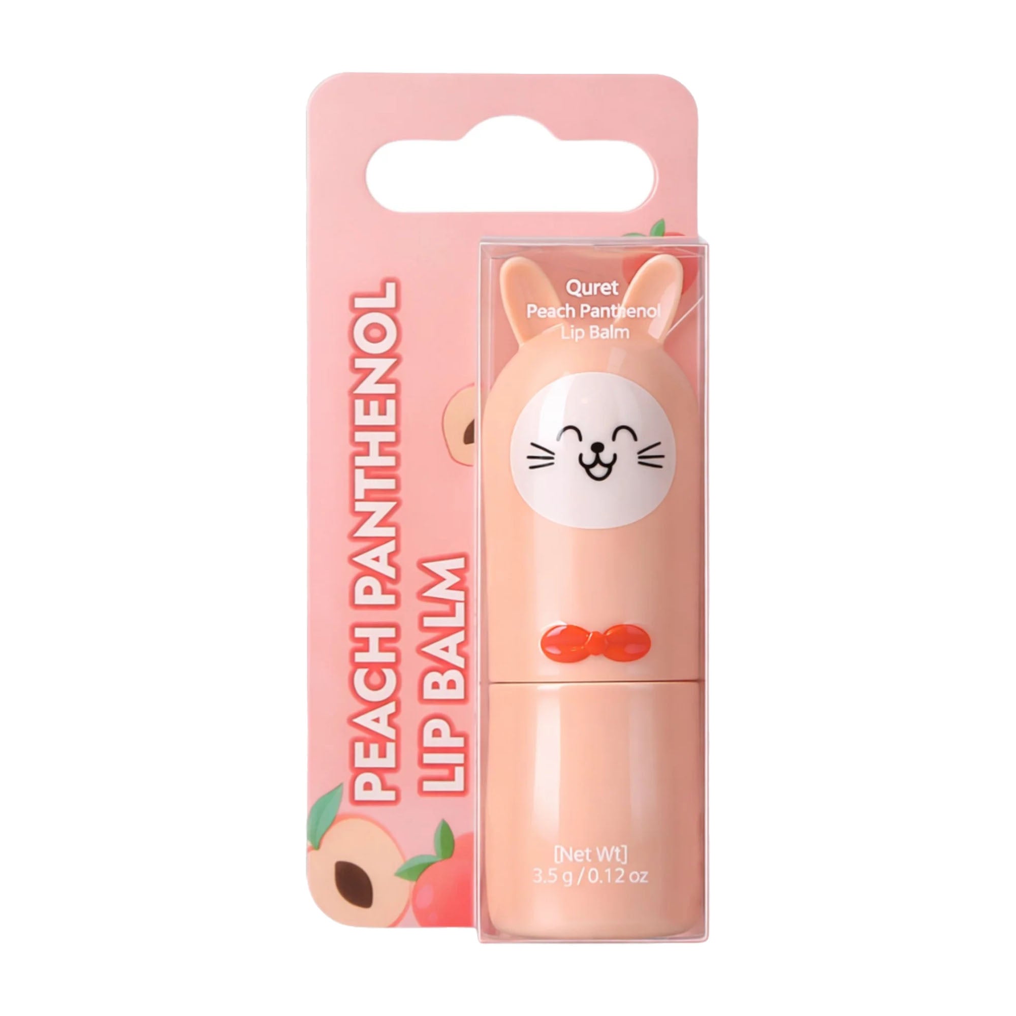 Quret Peach Panthenol Lip Balm packaging on a white background.