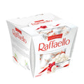 A box of Raffaello pralines with visible individually wrapped coconut almond pralines through the packaging, set against a white background.