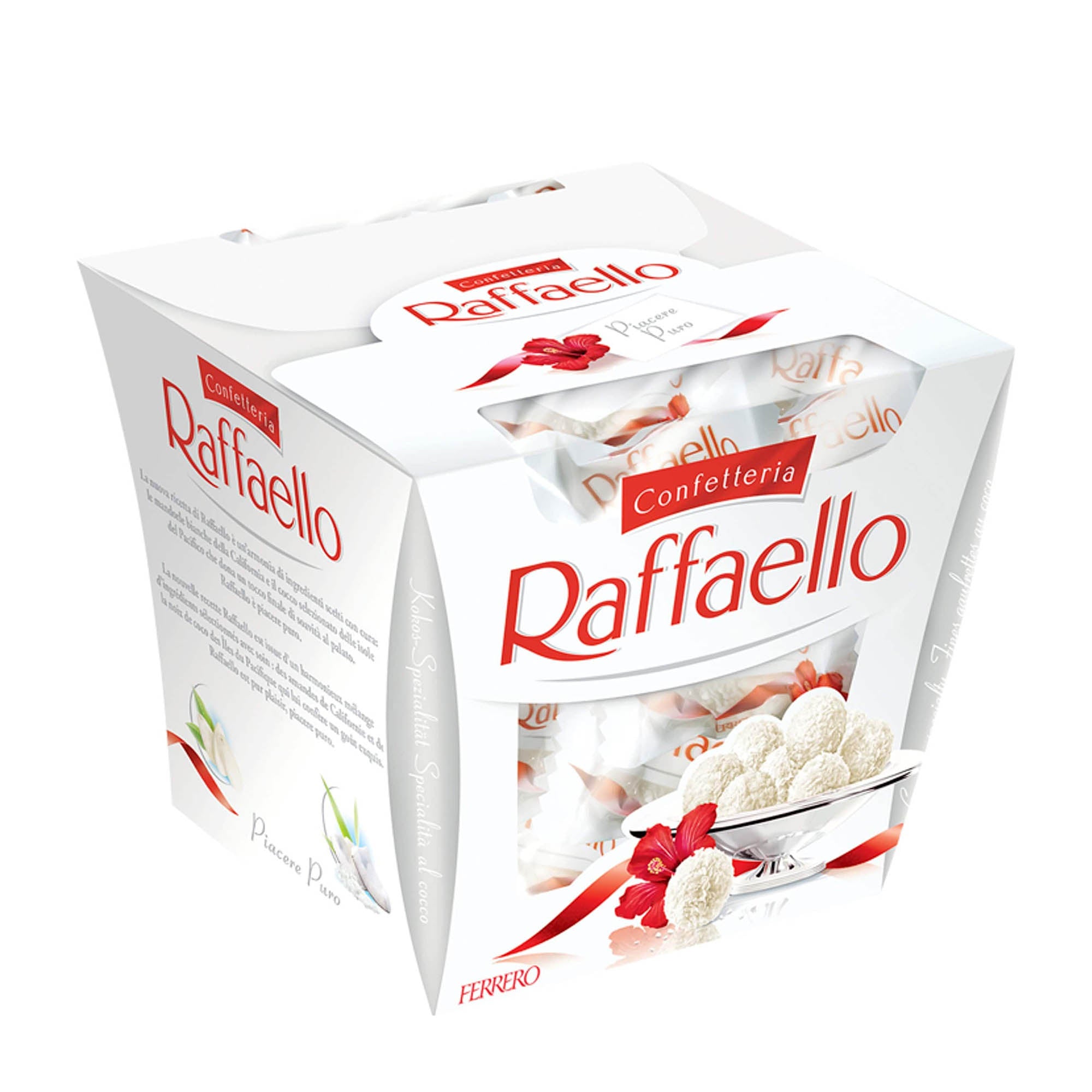 A box of Raffaello pralines with visible individually wrapped coconut almond pralines through the packaging, set against a white background.