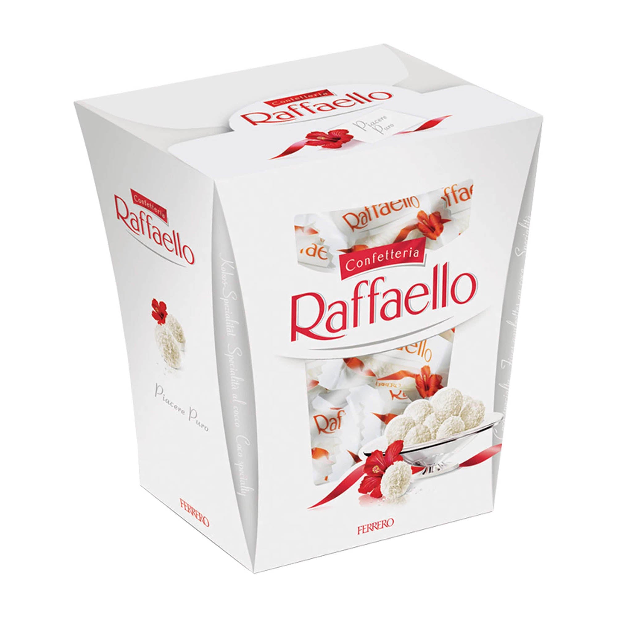 A box of Raffaello pralines with a white and red design, showcasing the product as a light, summer delight with coconut, milk cream, and almond.